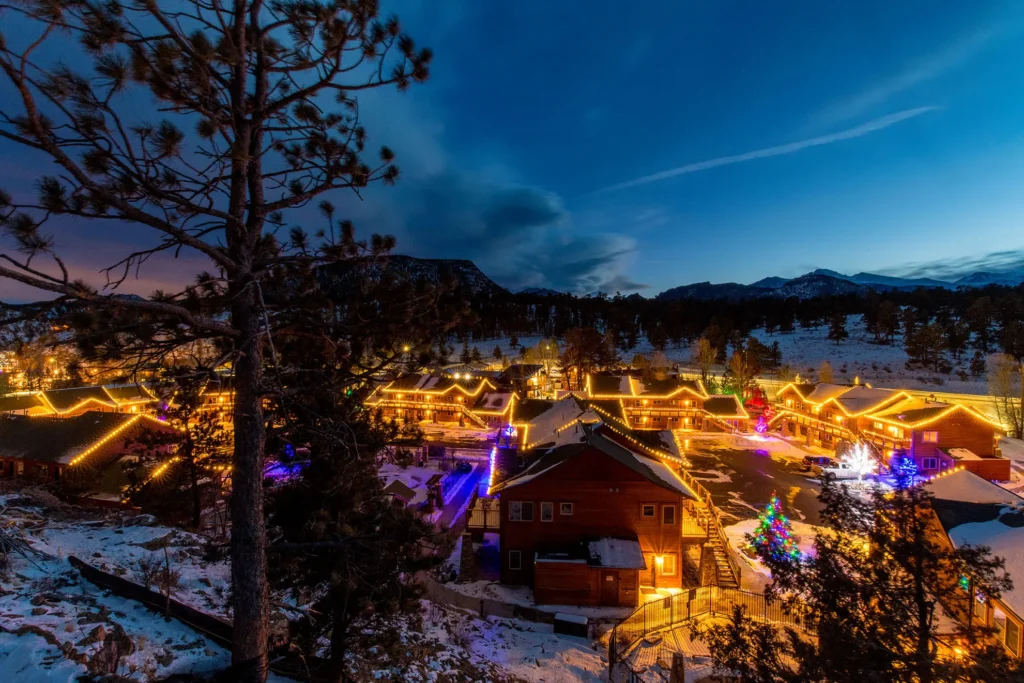 An aerial view of Fall River Village on a winter night.