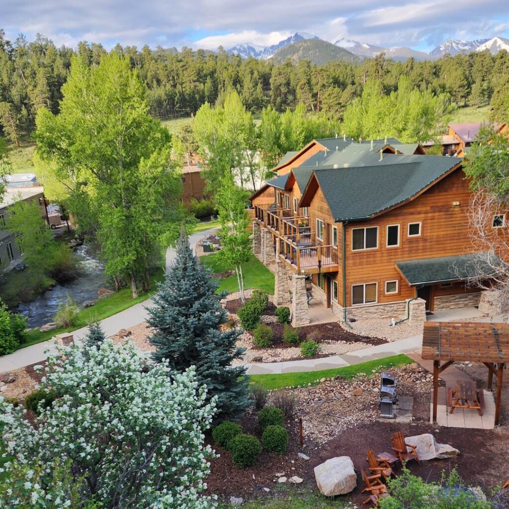 An aerial view of a condo-style vacation rental at Fall River Village Resort in Estes Park, Colorado.